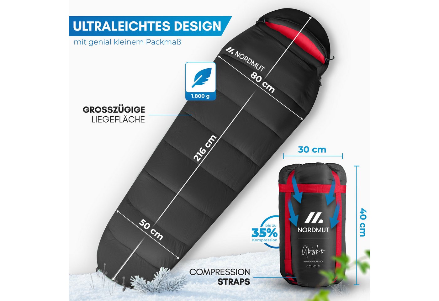 Nordmut Schlafsack Winterschlafsack Erwachsene -10°C atmungsaktiv 2-Wege-Reißverschluss (Outdoor Schlafsack wasserabweisend & atmungsaktiv, Camping Schlafsack mit YKK 2 Wege Reißverschluss), Mumienschlafsack mit Hollow Fiber Füllung bis −10 °C Bild 5