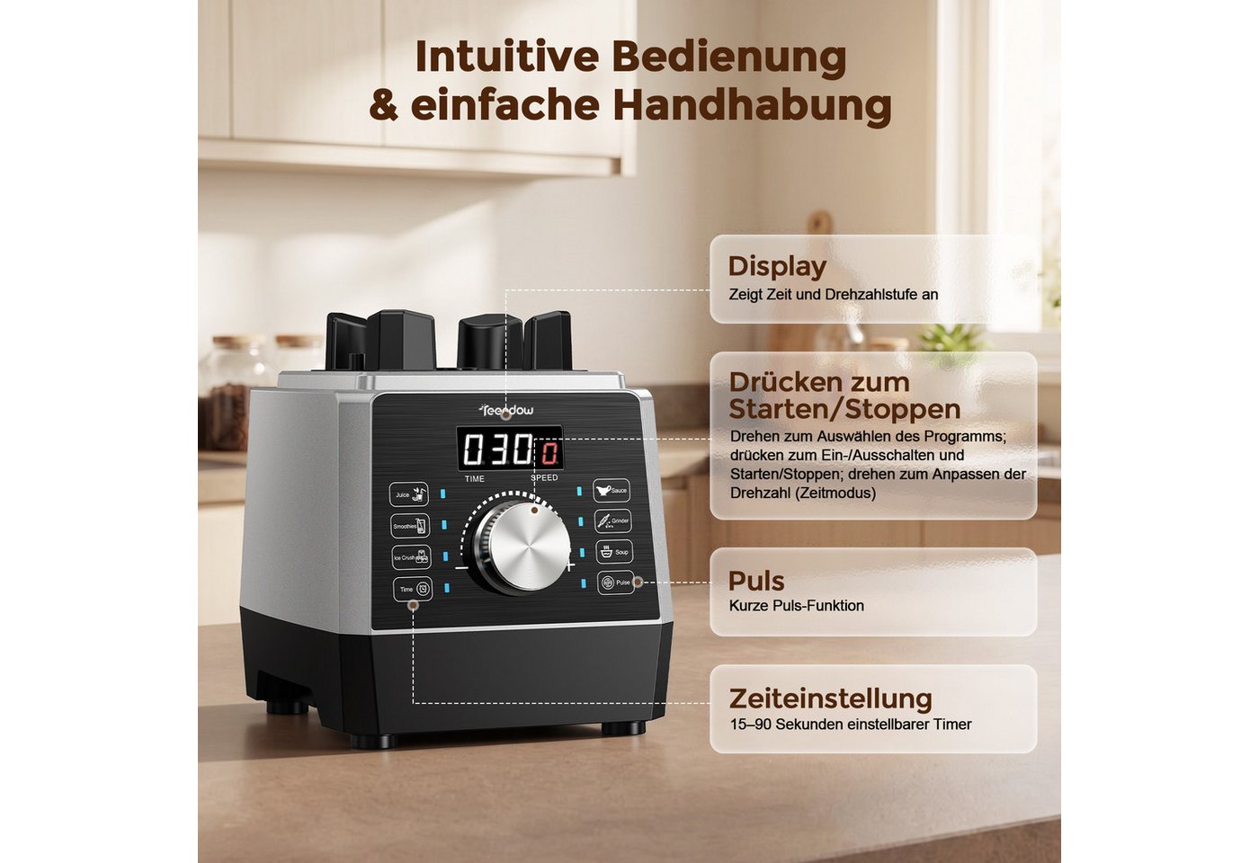 Teendow Standmixer 1800 W, 2 L Smoothie Maker, 6 Programme Hochleistungsmixer Mixer, 1800 W, 25.000 U/min, 6 Edelstahlklingen, LED-Display, Pulse, Ice Crush