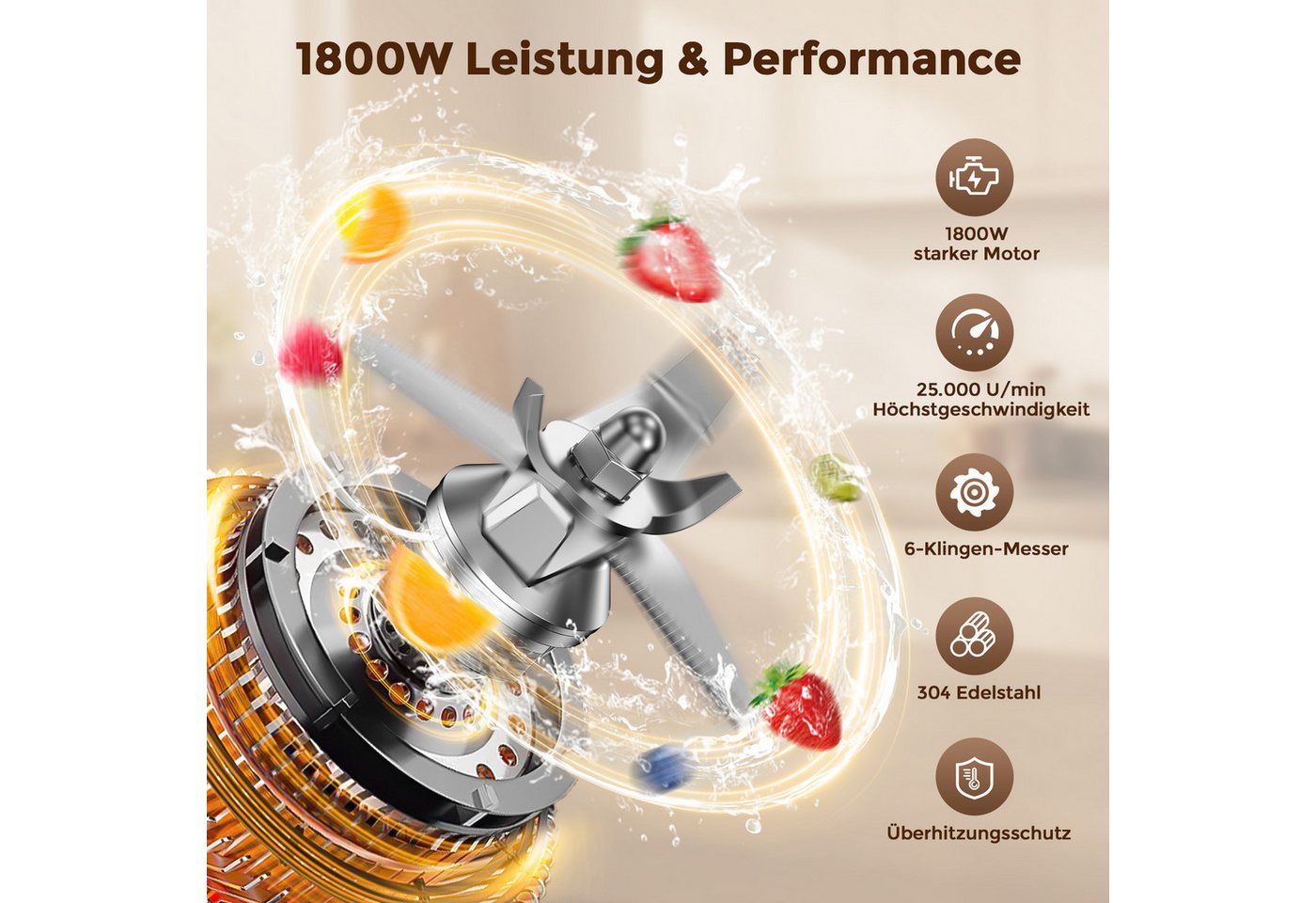 Teendow Standmixer 1800 W, 2 L Smoothie Maker, 6 Programme Hochleistungsmixer Mixer, 1800 W, 25.000 U/min, 6 Edelstahlklingen, LED-Display, Pulse, Ice Crush Bild 2