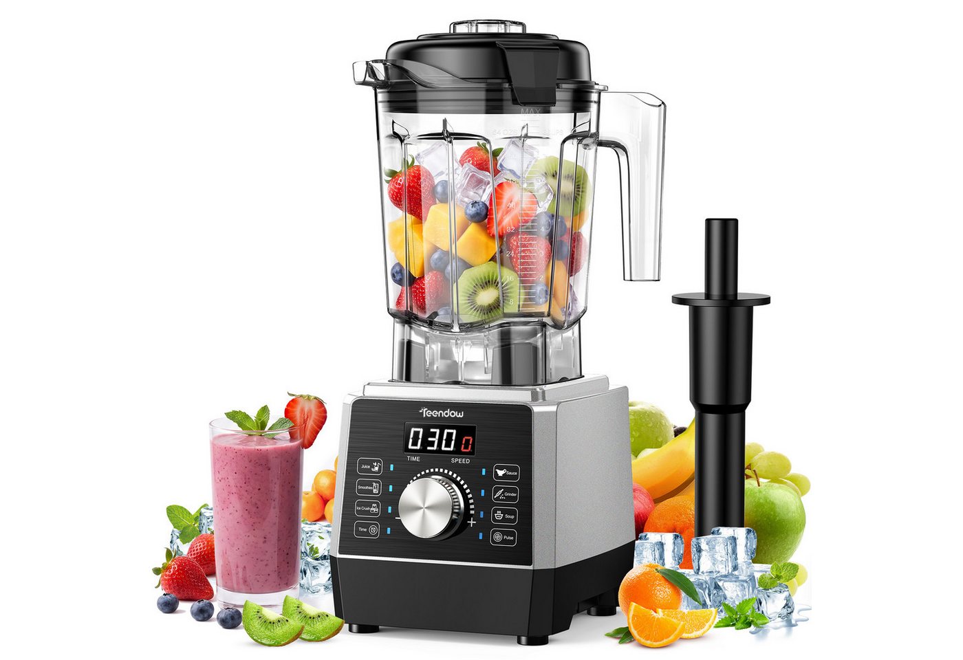 Teendow Standmixer 1800 W, 2 L Smoothie Maker, 6 Programme Hochleistungsmixer Mixer, 1800 W, 25.000 U/min, 6 Edelstahlklingen, LED-Display, Pulse, Ice Crush Bild 3
