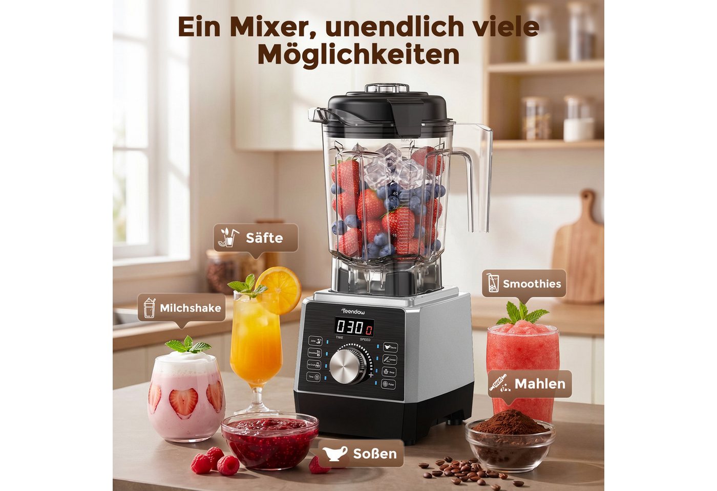 Teendow Standmixer 1800 W, 2 L Smoothie Maker, 6 Programme Hochleistungsmixer Mixer, 1800 W, 25.000 U/min, 6 Edelstahlklingen, LED-Display, Pulse, Ice Crush Bild 4