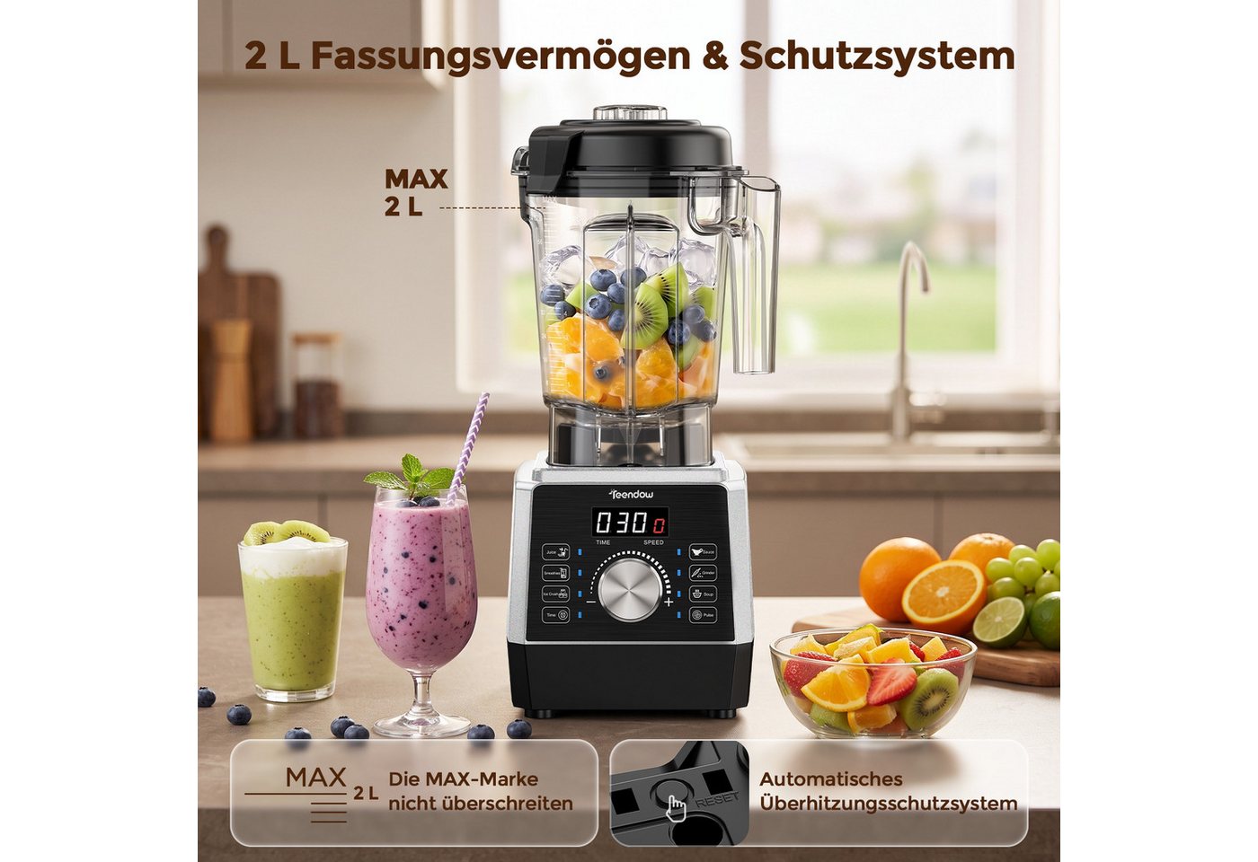 Teendow Standmixer 1800 W, 2 L Smoothie Maker, 6 Programme Hochleistungsmixer Mixer, 1800 W, 25.000 U/min, 6 Edelstahlklingen, LED-Display, Pulse, Ice Crush Bild 5