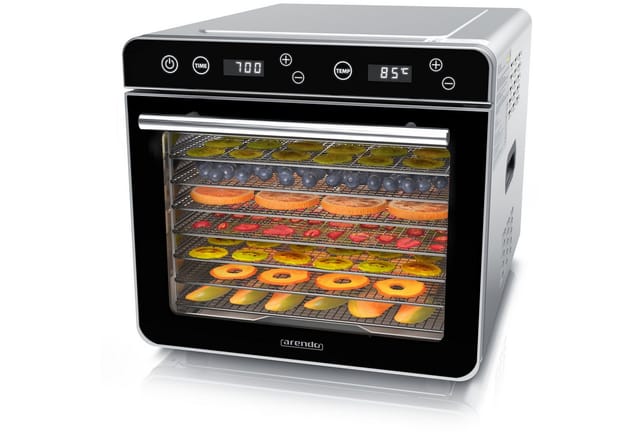 Arendo Dörrautomat Edelstahl, Temperaturregler von 35° bis 85°C, Dörrgerät, Dehydrator 700 W, 8 Etagen, Obst, Gemüse, Fleisch Dörrapparat, Obsttrockner, Timer 0,5-24 Stunden