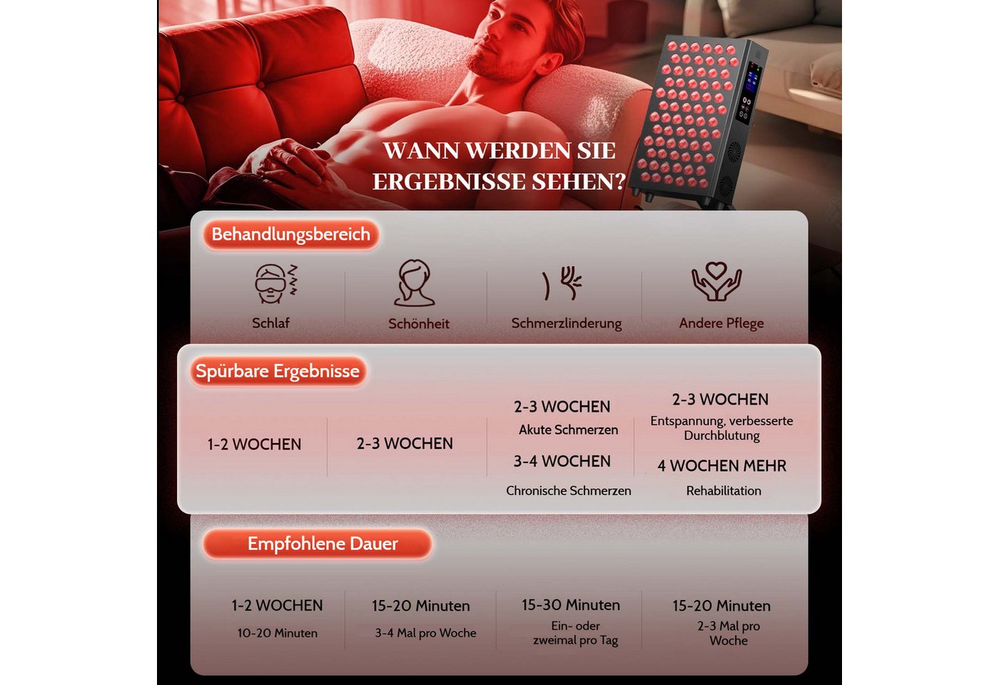 Detrida Kosmetikbehandlungsgerät Rotlichtlampe Panel 660+850 nm Infrarotlampe 72LEDs Rotlicht mit Timer, Nah-infrarot Rot Licht Therapie Gerät Infarotlichtlampe für Haus/Büro, Rotlicht Therapie Einstellbare Winkel Qualität hohe Leistung, Therapie Gerät für Gesicht Regeneration Schmerzbehandlung Anti-Aging Bild 4