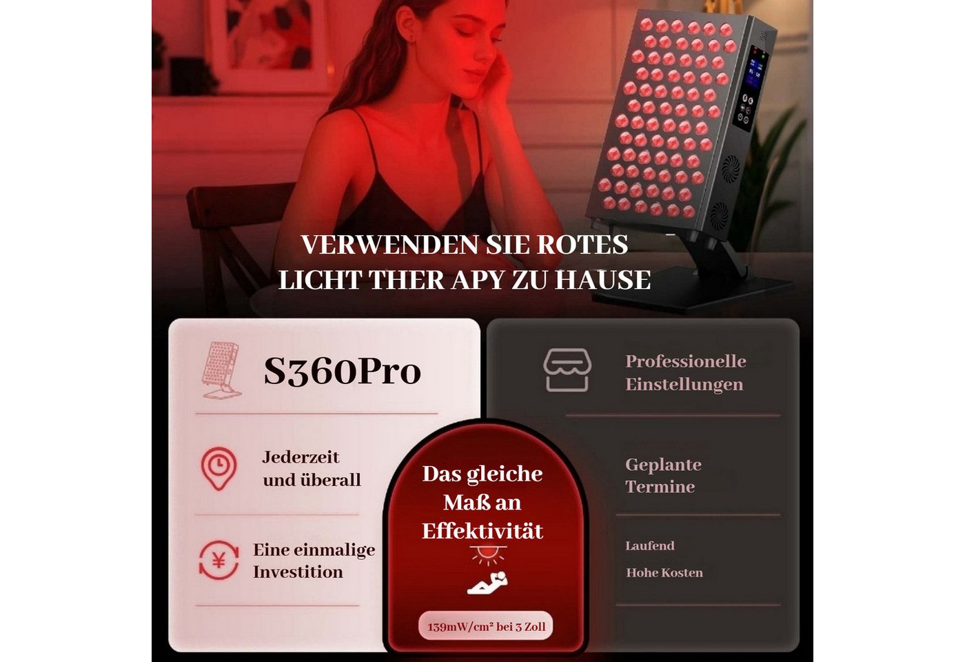 Detrida Kosmetikbehandlungsgerät Rotlichtlampe Panel 660+850 nm Infrarotlampe 72LEDs Rotlicht mit Timer, Nah-infrarot Rot Licht Therapie Gerät Infarotlichtlampe für Haus/Büro, Rotlicht Therapie Einstellbare Winkel Qualität hohe Leistung, Therapie Gerät für Gesicht Regeneration Schmerzbehandlung Anti-Aging Bild 5
