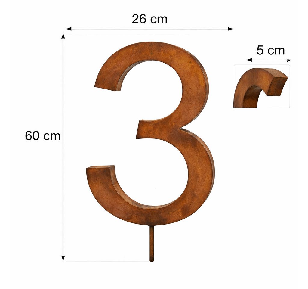UNUS ELEMENTS Hausnummer Gartenstecker Hausnummer groß Ziffer 0-9 im Rostdesign, (60x26x5cm), Nummer 3, Hausnummerschild, wetterfest, Metallnummer Bild 3