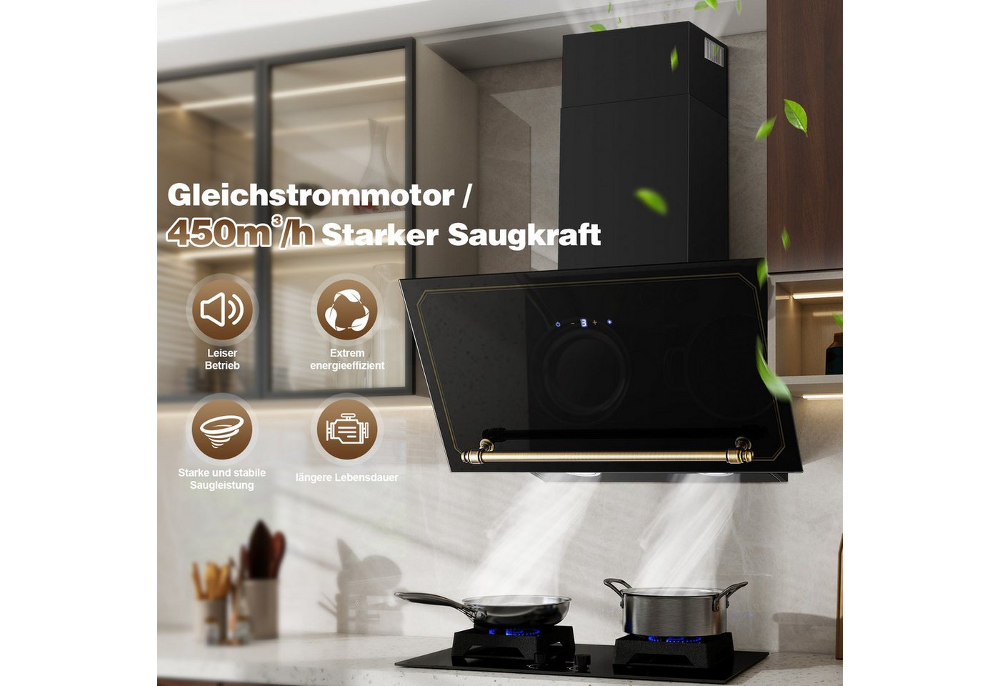SNDOAS Kopffreihaube Dunstabzugshaube 60cm, 450 m³/h Umluft, 3 Stufen + Booster, A+++ Touchscreen Schräghaube, Abluft/Umluft mit LED