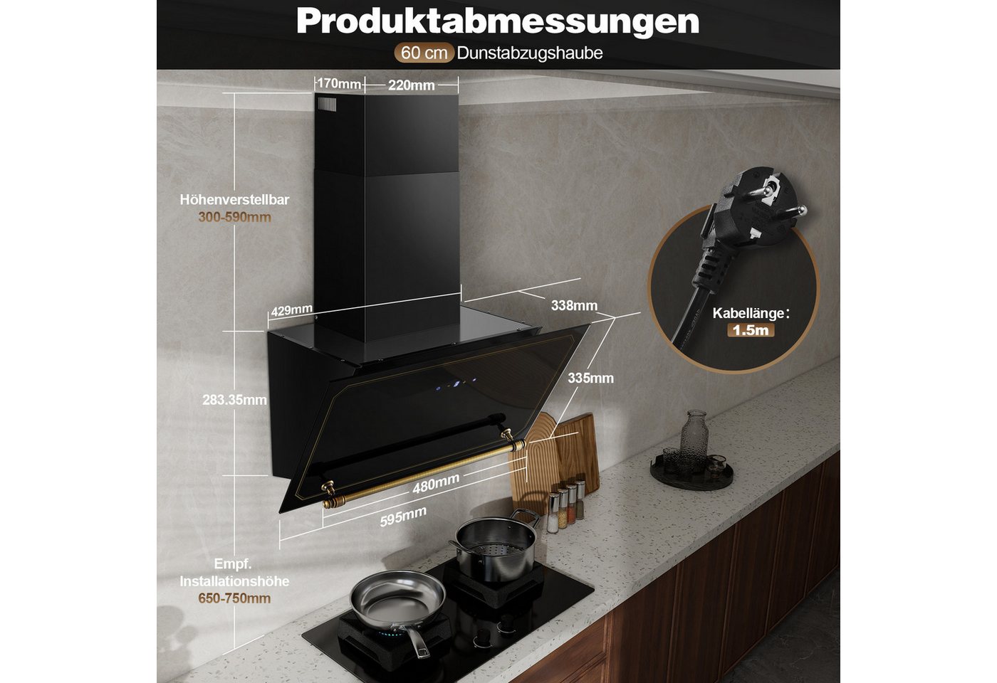 SNDOAS Kopffreihaube Dunstabzugshaube 60cm, 450 m³/h Umluft, 3 Stufen + Booster, A+++ Touchscreen Schräghaube, Abluft/Umluft mit LED Bild 2