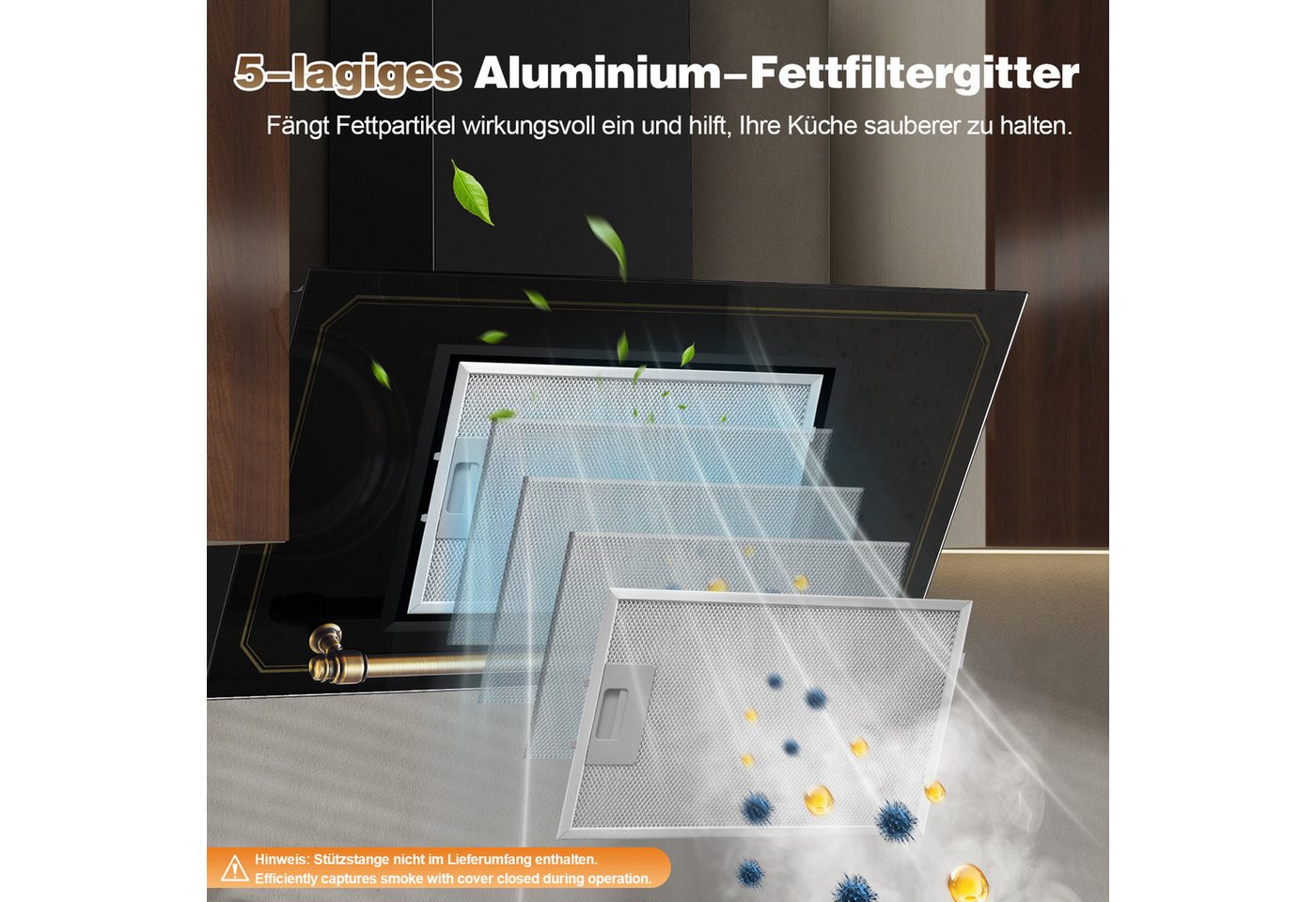 SNDOAS Kopffreihaube Dunstabzugshaube 60cm, 450 m³/h Umluft, 3 Stufen + Booster, A+++ Touchscreen Schräghaube, Abluft/Umluft mit LED Bild 4