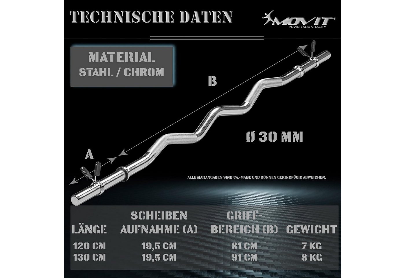 MOVIT Langhantelstange SZ-Hantelstange 130 cm mit Verschlüssen, 130 cm (1-tlg) Bild 4