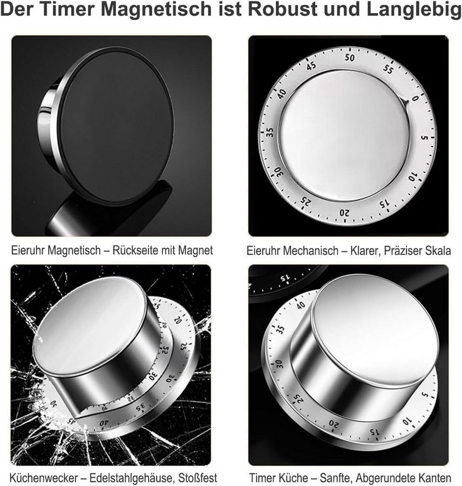 FELIXLEO Zeitschaltuhr Mechanische Eieruhr Küchentimer Magnetisch Alarm Edelstahl