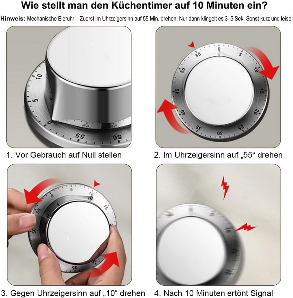 FELIXLEO Zeitschaltuhr Mechanische Eieruhr Küchentimer Magnetisch Alarm Edelstahl Bild 2