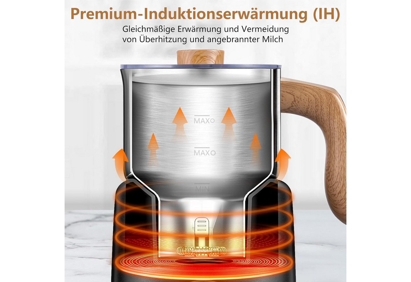 AMZCHEF Milchaufschäumer MMF-9117 600ml 8-IN-1 für Heißen & Kalten Milchschaum OLED Display, 550 W, 8 Betriebsmodi, Induktionserwärmung, schonendes Erhitzen, Leise Bild 3