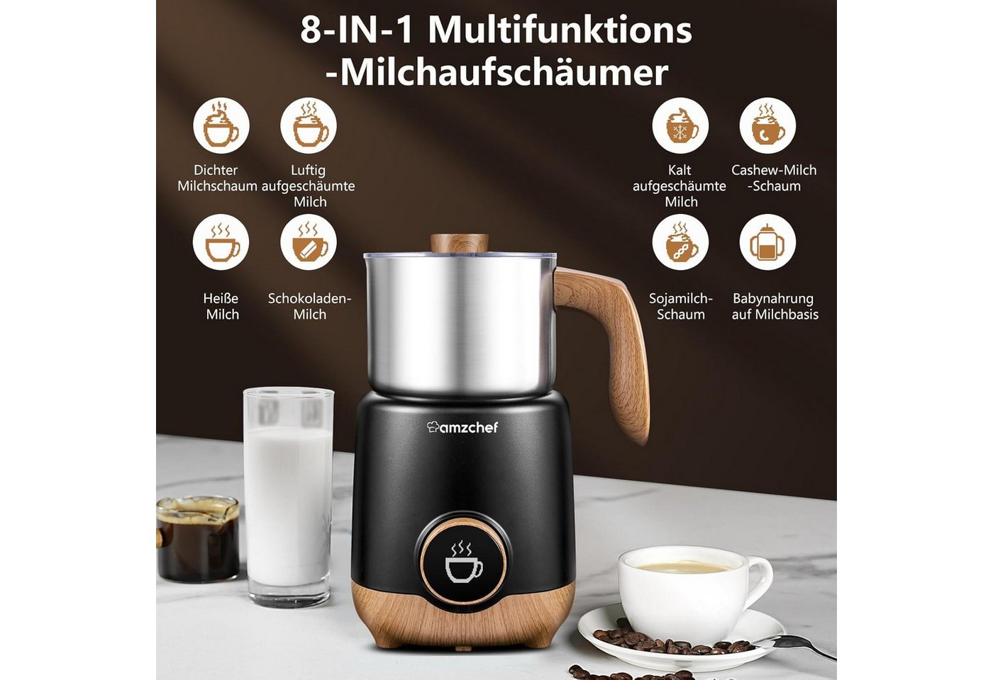 AMZCHEF Milchaufschäumer MMF-9117 600ml 8-IN-1 für Heißen & Kalten Milchschaum OLED Display, 550 W, 8 Betriebsmodi, Induktionserwärmung, schonendes Erhitzen, Leise Bild 5