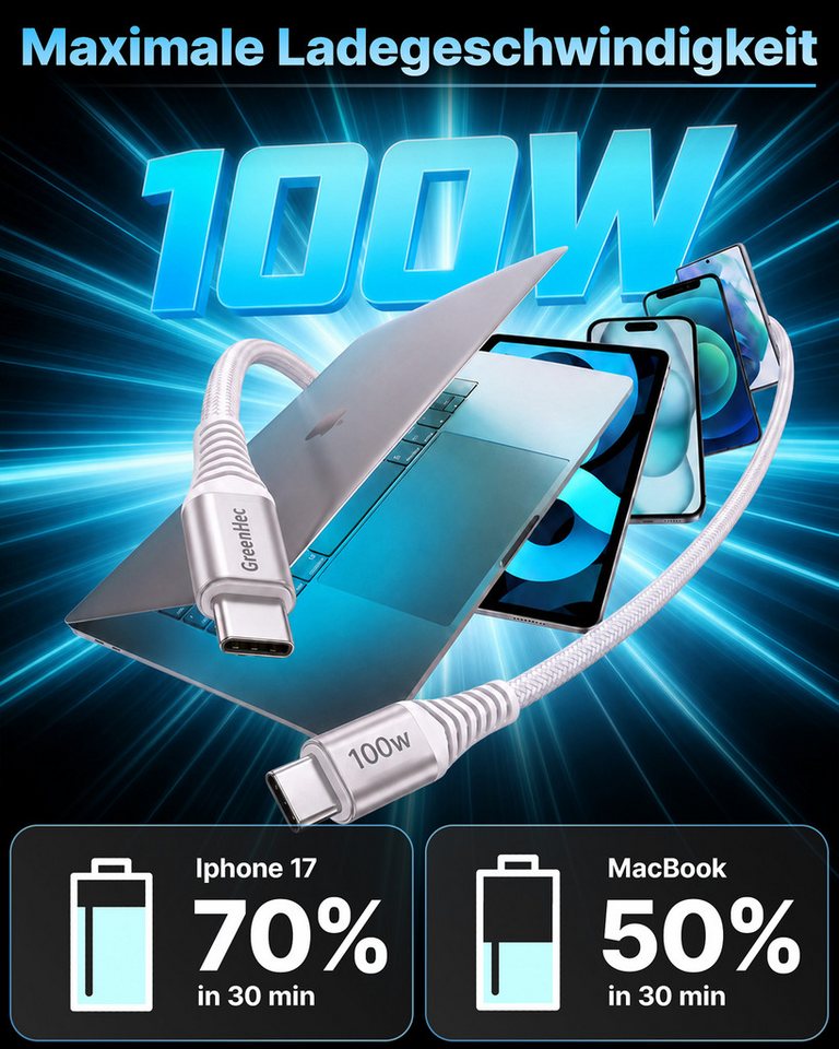 GreenHec 100w USB-C Schnell Ladekabel Fast Charging Cable Datenkabel USB-Kabel, Typ C (Eurostecker), Thunderbolt, USB-C, Typ C (Eurostecker), Thunderbolt, USB-C (100 cm), Macbook, Labtop, Xiaomi, OnePlus Samsung Kabel 1m 2m 3m Bild 4