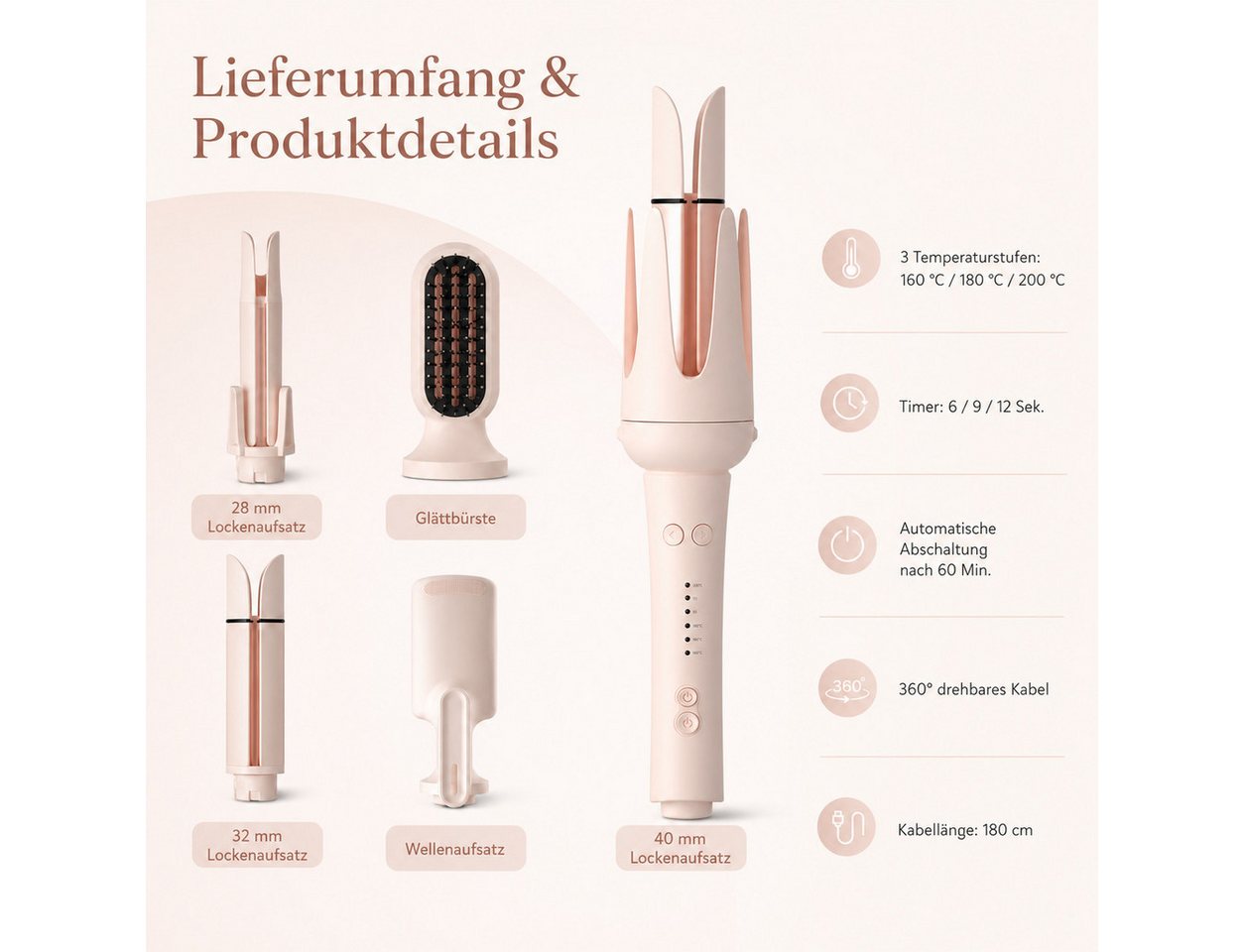Lisabonde Multihaarstyler 5-in-1 Multistyler Lockenstab automatisch mit Ionen & Glättbürste, 5-in-1 Multistyler-System Bild 2