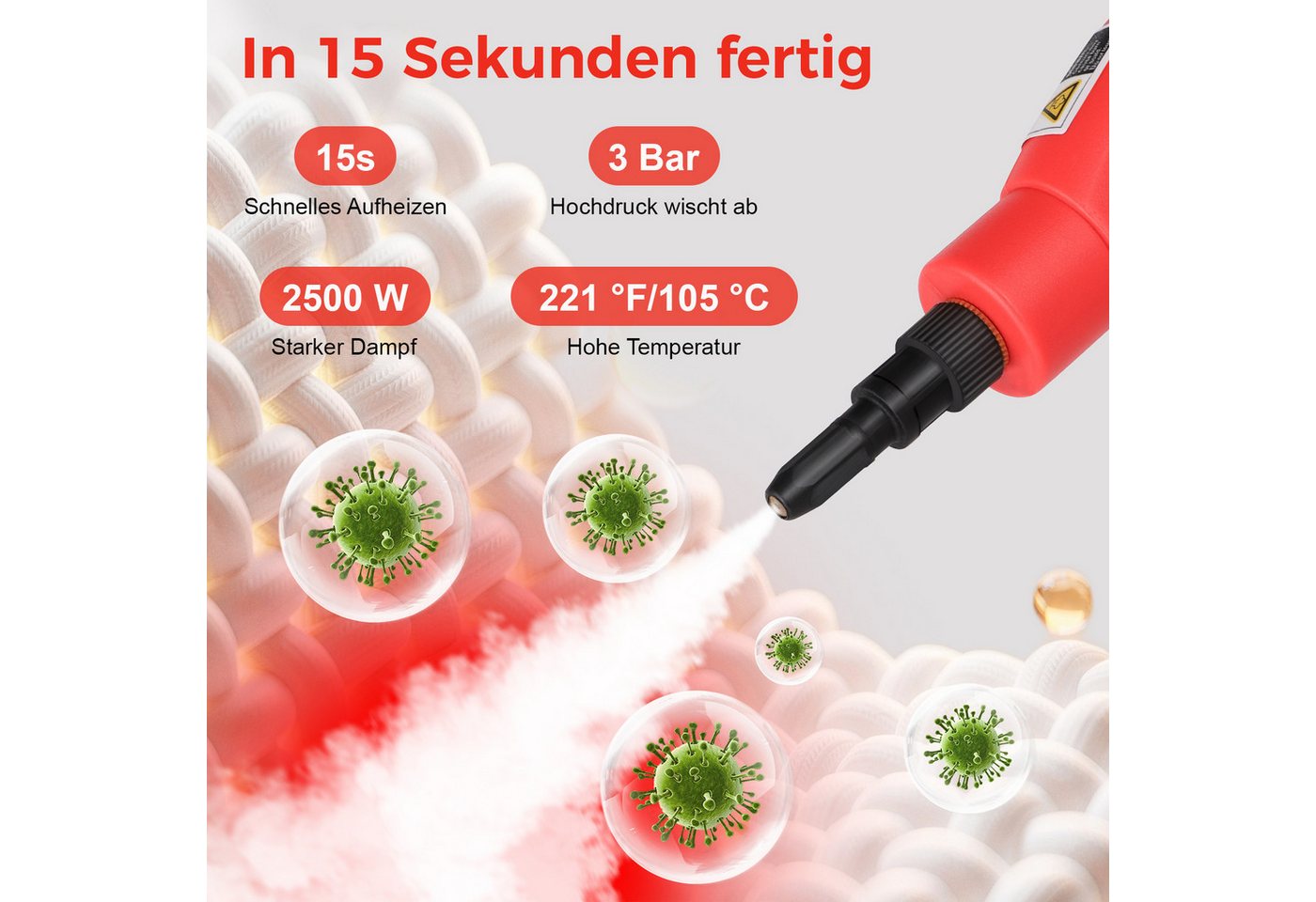 Detrida Handdampfreiniger 2500W Tragbarer Dampfreiniger Multifunktionaler Handdampfreiniger, 2500,00 W, mit 6 Geschwindigkeiten einstellbar und 3 Arten von Bürstenköpfen. Bild 2