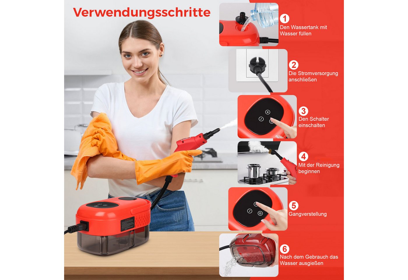 Detrida Handdampfreiniger 2500W Tragbarer Dampfreiniger Multifunktionaler Handdampfreiniger, 2500,00 W, mit 6 Geschwindigkeiten einstellbar und 3 Arten von Bürstenköpfen. Bild 3