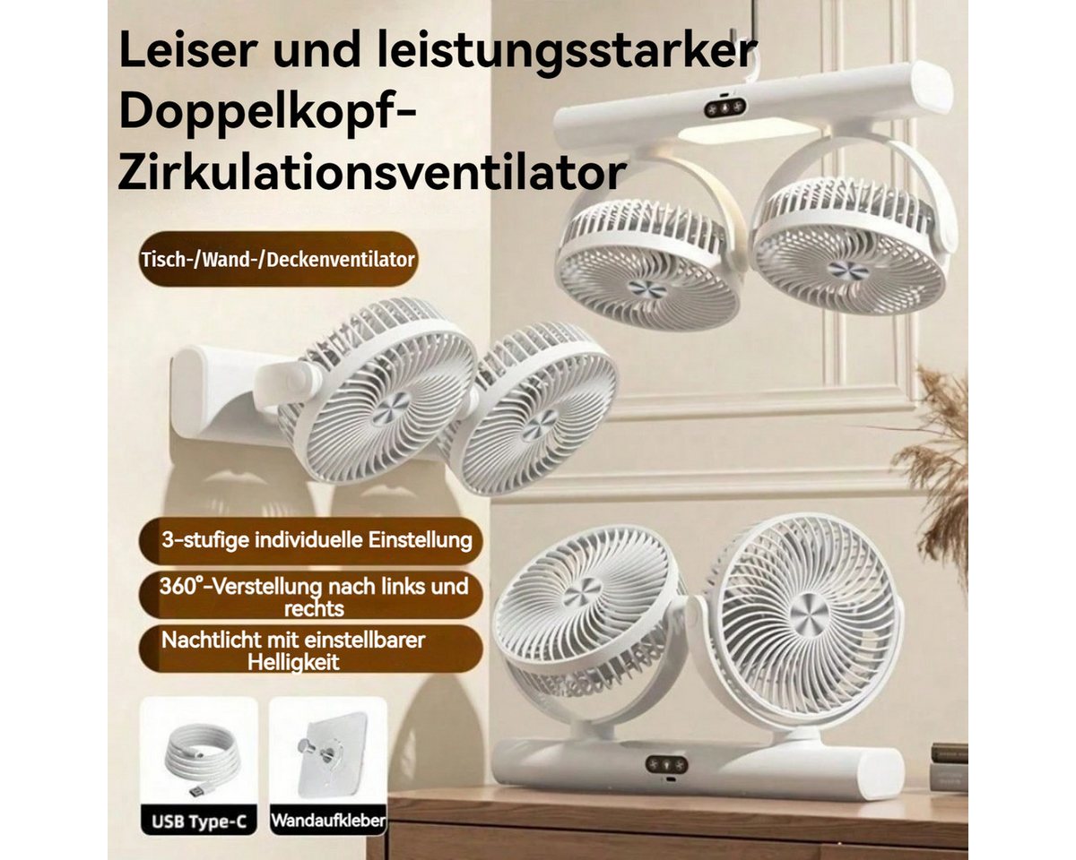 Detrida Akku-Ventilator Akku Tischventilator USB Camping Ventilator LED Licht Deckenventilator, Tragbare Ventilatoren für Zelt, Reisen, Büro, Wohnmobil, Schlafzimmer
