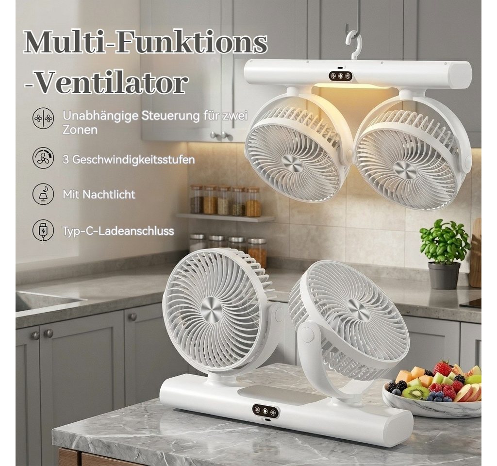 Detrida Akku-Ventilator Akku Tischventilator USB Camping Ventilator LED Licht Deckenventilator, Tragbare Ventilatoren für Zelt, Reisen, Büro, Wohnmobil, Schlafzimmer Bild 3
