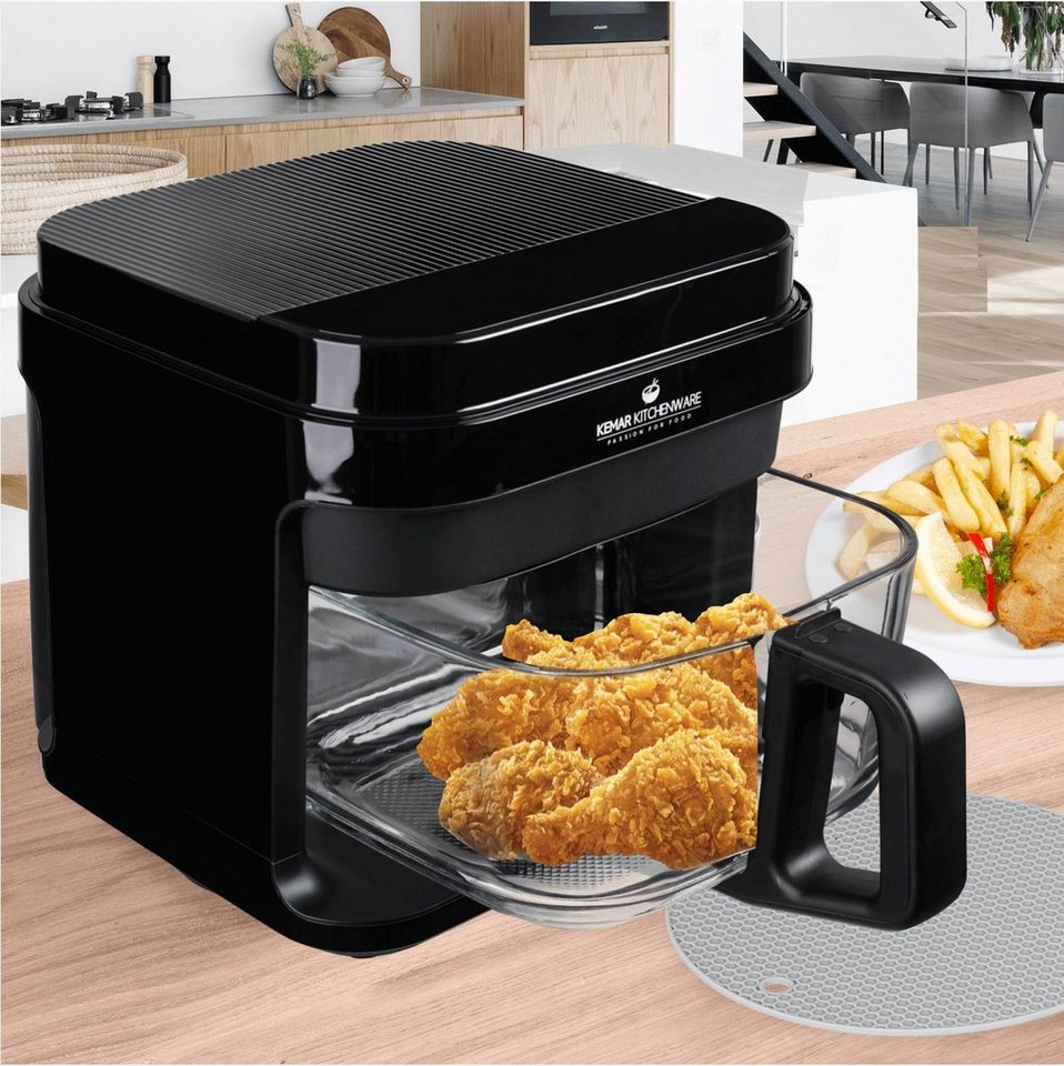 KeMar Kitchenware Heißluftfritteuse KHF-550, 1200,00 W, Glasbehälter, Edelstahleinsatz, ohne Beschichtung, Zange, Silkonmatte