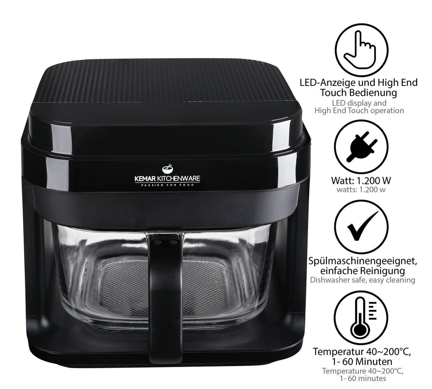KeMar Kitchenware Heißluftfritteuse KHF-550, 1200,00 W, Glasbehälter, Edelstahleinsatz, ohne Beschichtung, Zange, Silkonmatte Bild 2