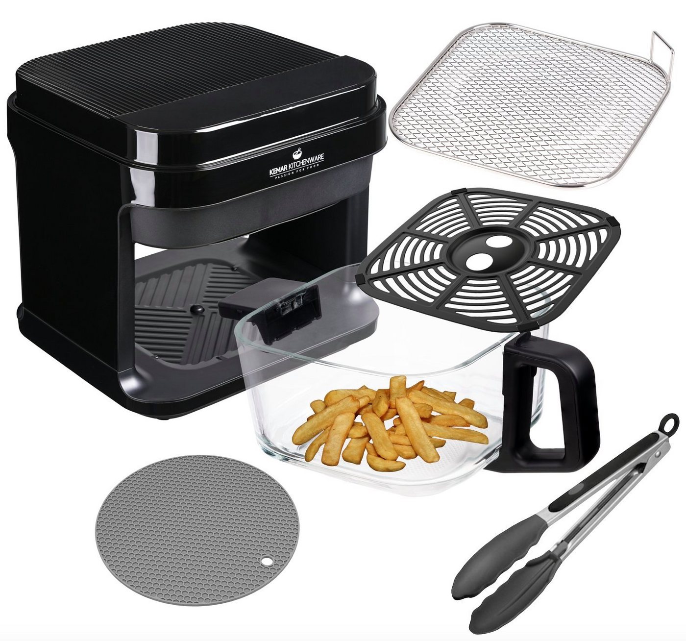 KeMar Kitchenware Heißluftfritteuse KHF-550, 1200,00 W, Glasbehälter, Edelstahleinsatz, ohne Beschichtung, Zange, Silkonmatte Bild 3