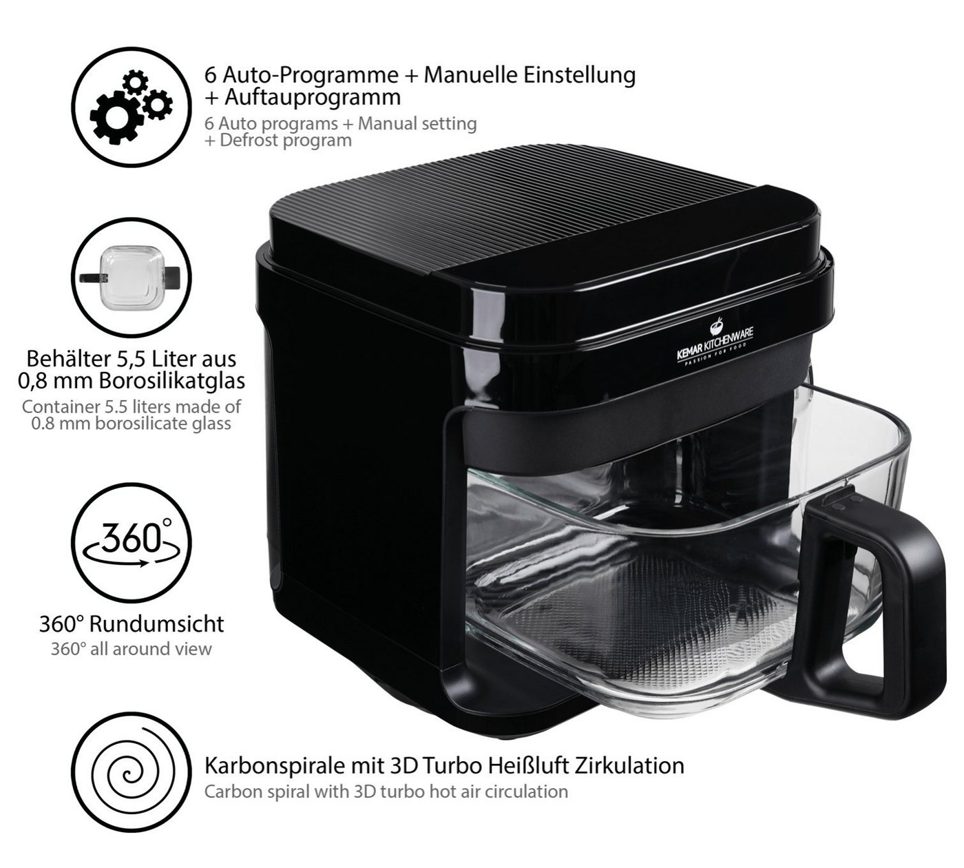 KeMar Kitchenware Heißluftfritteuse KHF-550, 1200,00 W, Glasbehälter, Edelstahleinsatz, ohne Beschichtung, Zange, Silkonmatte Bild 4
