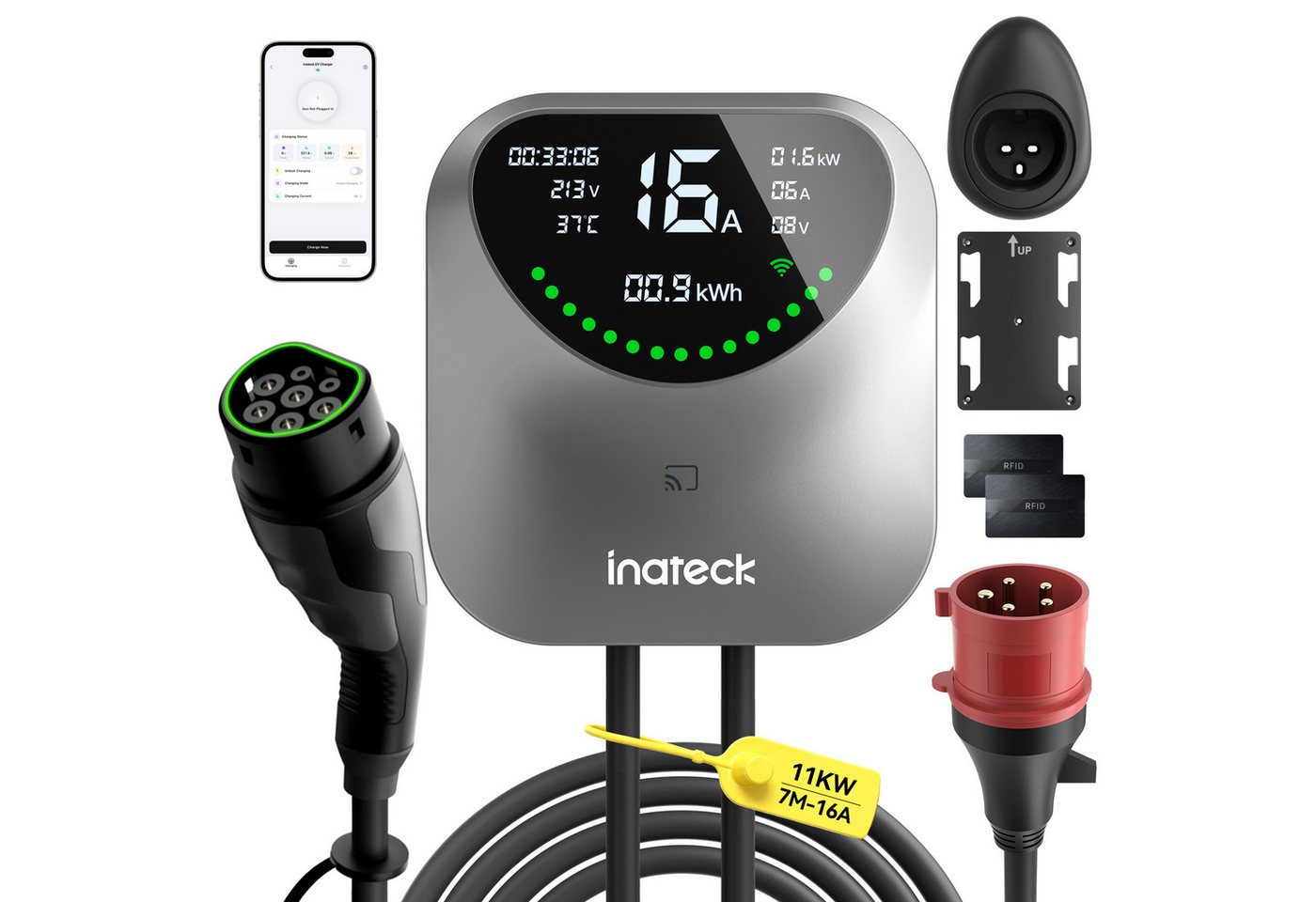 Inateck Elektroauto-Ladestation Wallbox 11kW 22kW mit APP & RFID-7m Typ 2 EV-Ladegerät 400V WLAN & BT, Intelligente Ladeplanung IP65
