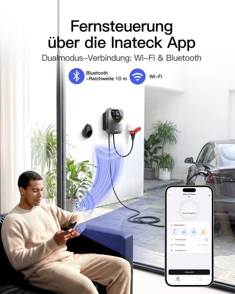 Inateck Elektroauto-Ladestation Wallbox 11kW 22kW mit APP & RFID-7m Typ 2 EV-Ladegerät 400V WLAN & BT, Intelligente Ladeplanung IP65 Bild 3
