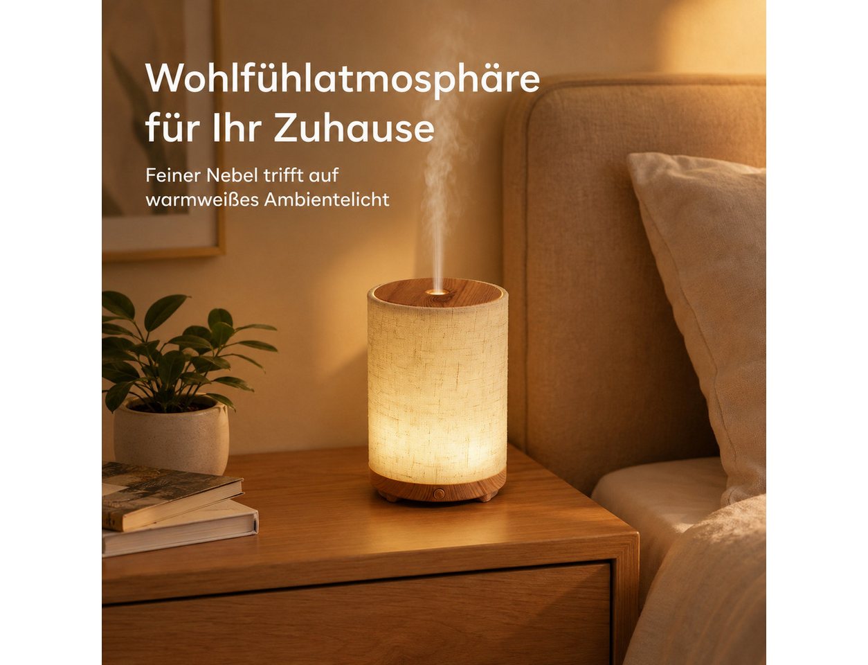 Lisabonde Luftbefeuchter Aroma-Diffusor Ultraschall mit Licht, Stoff & Holzoptik Luftbefeuchter, 0,1 l Wassertank, Stoff-Design, Holzoptik, LED-Beleuchtung, flüsterleise Bild 2