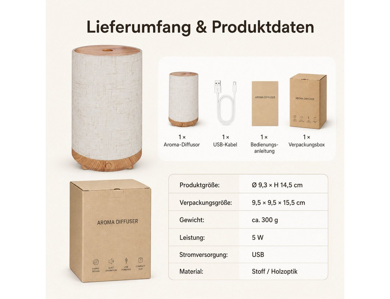 Lisabonde Luftbefeuchter Aroma-Diffusor Ultraschall mit Licht, Stoff & Holzoptik Luftbefeuchter, 0,1 l Wassertank, Stoff-Design, Holzoptik, LED-Beleuchtung, flüsterleise Bild 3