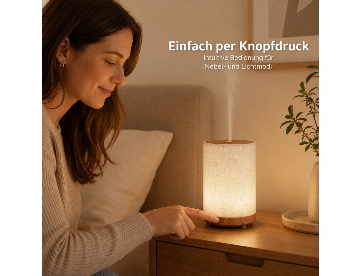 Lisabonde Luftbefeuchter Aroma-Diffusor Ultraschall mit Licht, Stoff & Holzoptik Luftbefeuchter, 0,1 l Wassertank, Stoff-Design, Holzoptik, LED-Beleuchtung, flüsterleise Bild 4