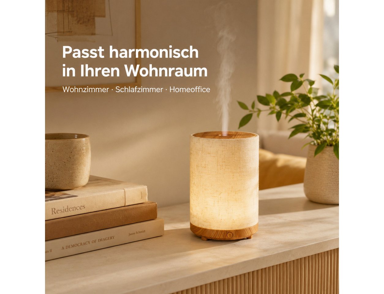Lisabonde Luftbefeuchter Aroma-Diffusor Ultraschall mit Licht, Stoff & Holzoptik Luftbefeuchter, 0,1 l Wassertank, Stoff-Design, Holzoptik, LED-Beleuchtung, flüsterleise Bild 5