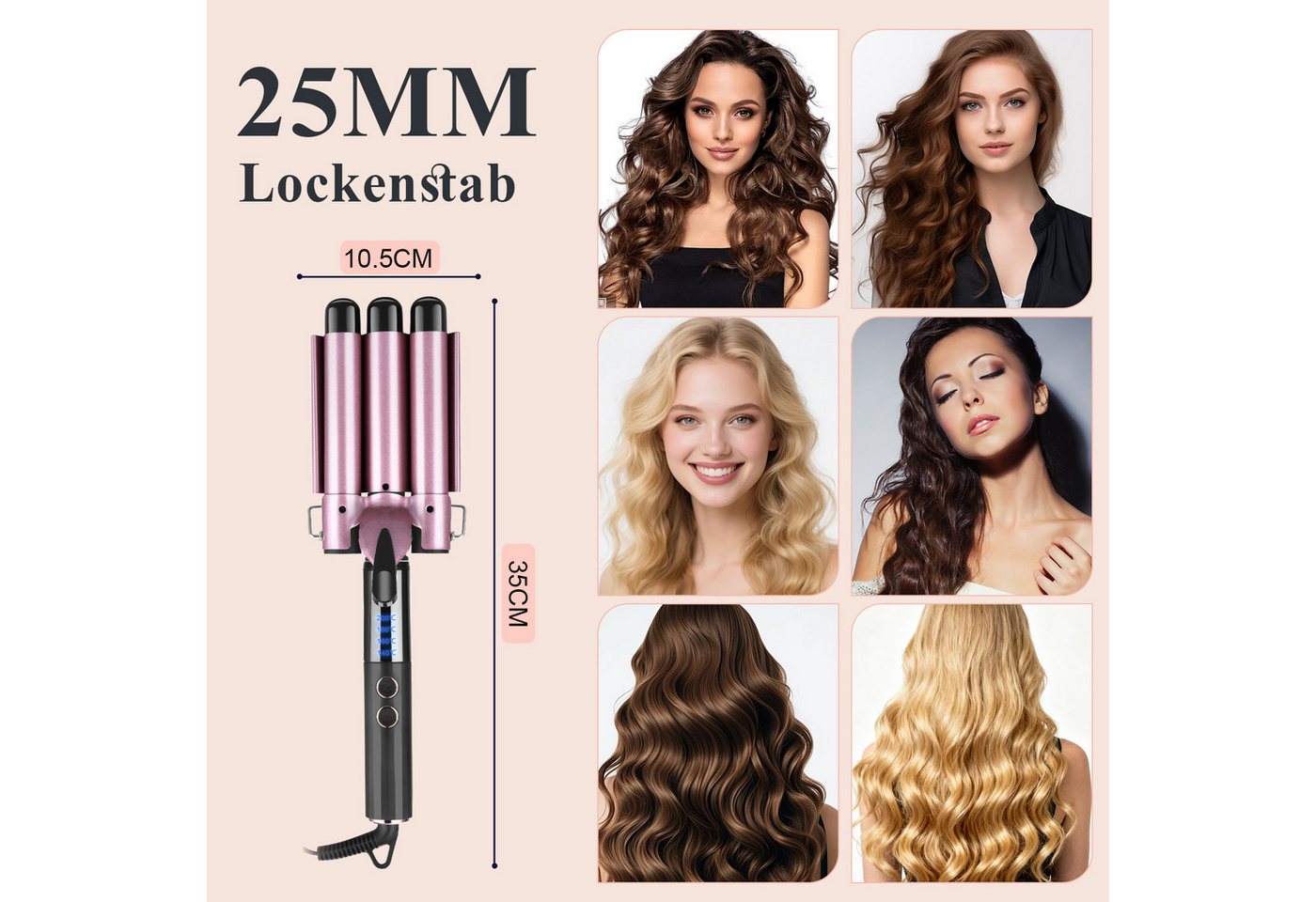 CkeyiN Lockenstab 3 Fässer Lockenstab 25mm Wasserwellen mit Klappbarem Griff, Turmalin-Keramik-Beschichtung, 140-200℃ LED-Anzeige Verbrühungssichere Spitze und Stütze