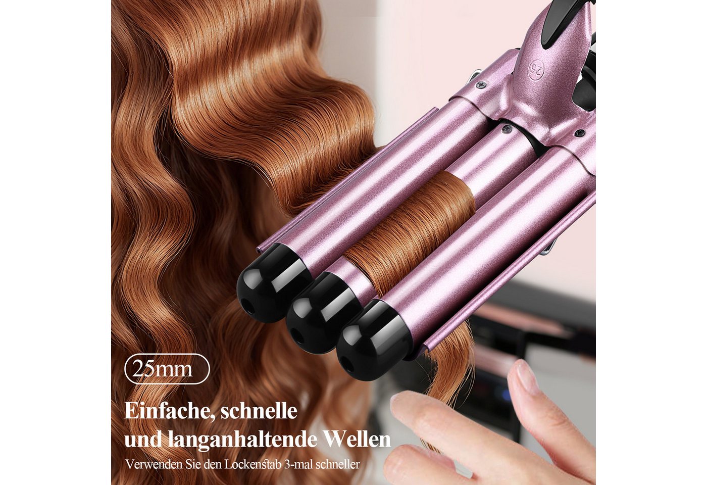 CkeyiN Lockenstab 3 Fässer Lockenstab 25mm Wasserwellen mit Klappbarem Griff, Turmalin-Keramik-Beschichtung, 140-200℃ LED-Anzeige Verbrühungssichere Spitze und Stütze Bild 2