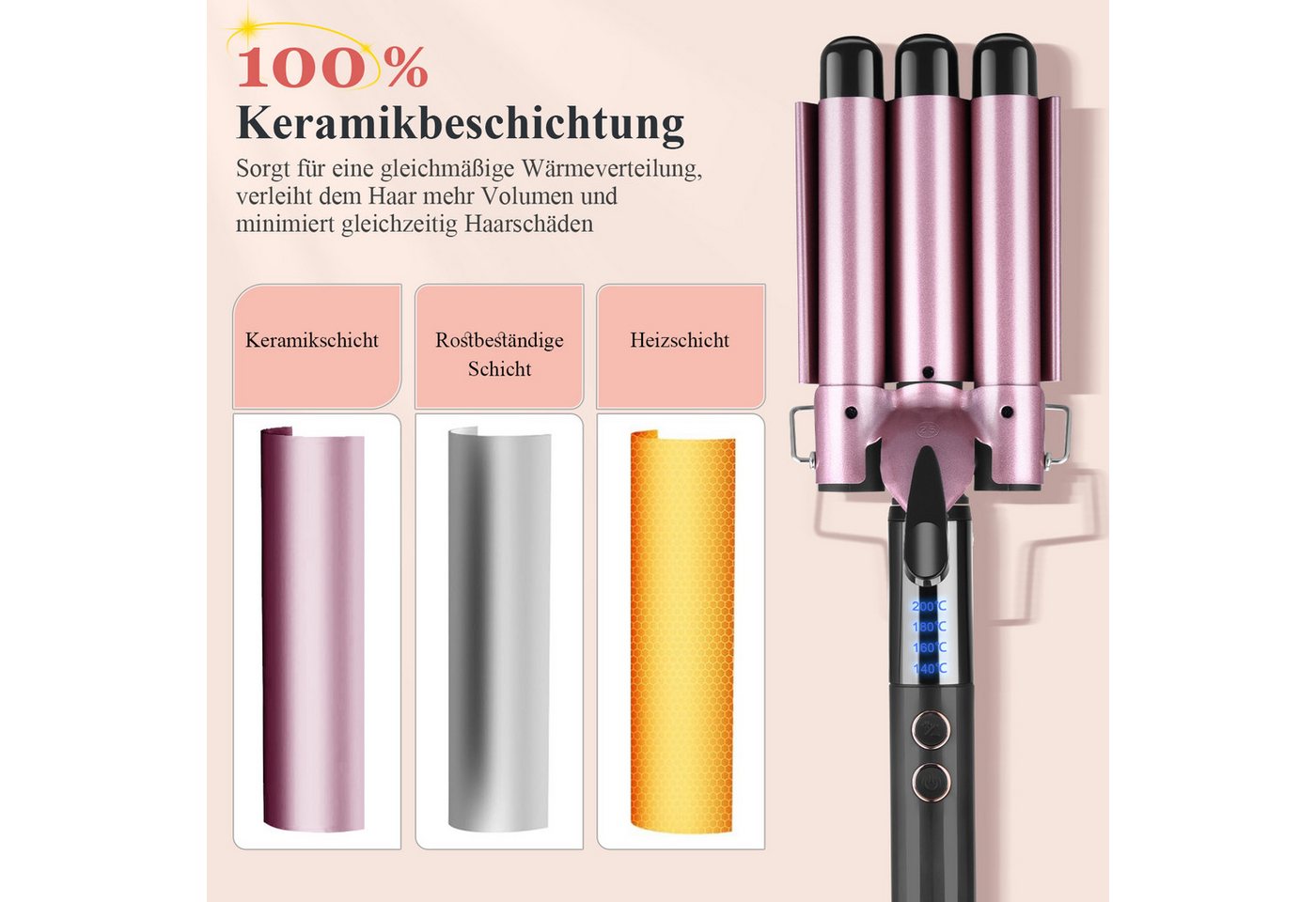 CkeyiN Lockenstab 3 Fässer Lockenstab 25mm Wasserwellen mit Klappbarem Griff, Turmalin-Keramik-Beschichtung, 140-200℃ LED-Anzeige Verbrühungssichere Spitze und Stütze Bild 4