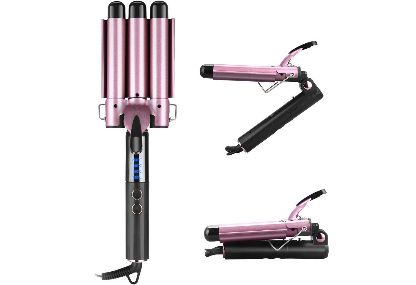 CkeyiN Lockenstab 3 Fässer Lockenstab 25mm Wasserwellen mit Klappbarem Griff, Turmalin-Keramik-Beschichtung, 140-200℃ LED-Anzeige Verbrühungssichere Spitze und Stütze Bild 5