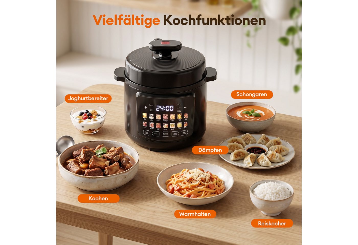 HS Onsing Multikocher Slow Cooker, 14-in-1 Reiskocher, Edelstahl, Pressure Cooker, 1600 W, 6 l Schüssel, Separate Dampftaste, 8 Sicherheitssystem,Antihaft & Leichte Reinigung Bild 5