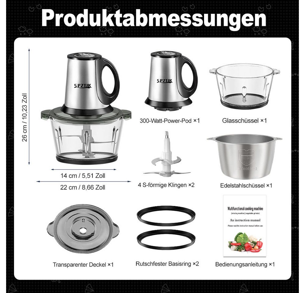 SPZTJK Zerkleinerer Elektrischer Fleisch‑Häcksler mit Glas‑ und Edelstahlschüssel, 300 W, 2 Sätze Klingen, Universal‑Küchenhelfer für Fleisch, Gemüse, Obst