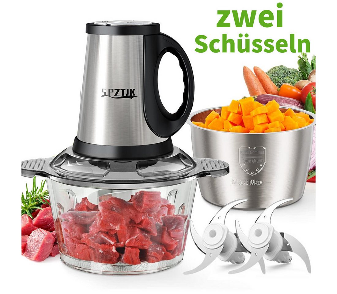 SPZTJK Zerkleinerer Elektrischer Fleisch‑Häcksler mit Glas‑ und Edelstahlschüssel, 300 W, 2 Sätze Klingen, Universal‑Küchenhelfer für Fleisch, Gemüse, Obst Bild 2