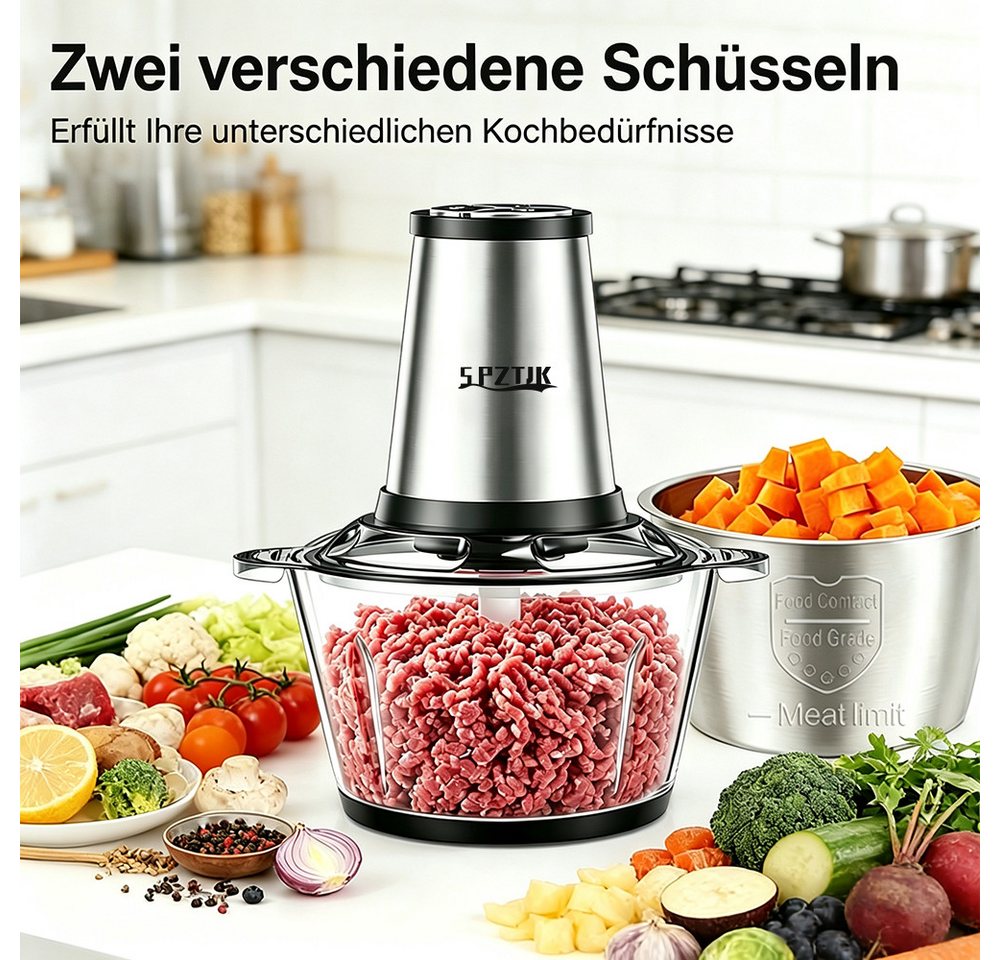 SPZTJK Zerkleinerer Elektrischer Fleisch‑Häcksler mit Glas‑ und Edelstahlschüssel, 300 W, 2 Sätze Klingen, Universal‑Küchenhelfer für Fleisch, Gemüse, Obst Bild 3