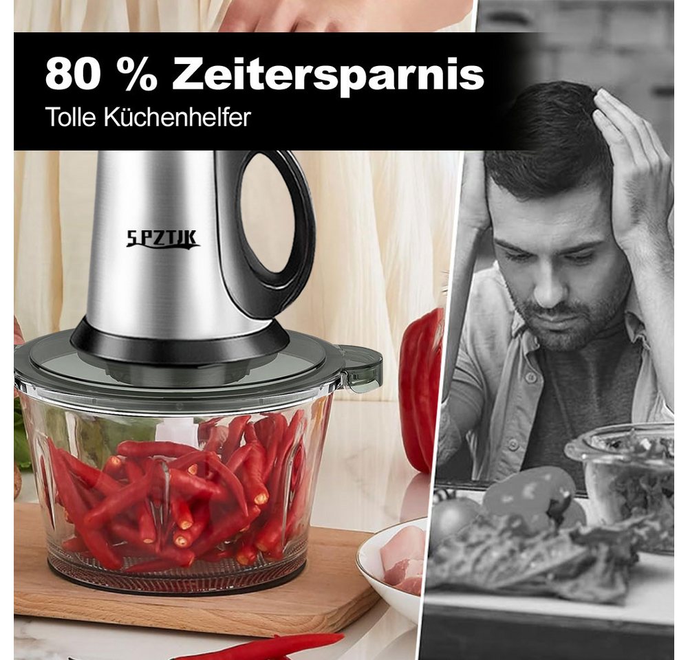 SPZTJK Zerkleinerer Elektrischer Fleisch‑Häcksler mit Glas‑ und Edelstahlschüssel, 300 W, 2 Sätze Klingen, Universal‑Küchenhelfer für Fleisch, Gemüse, Obst Bild 4