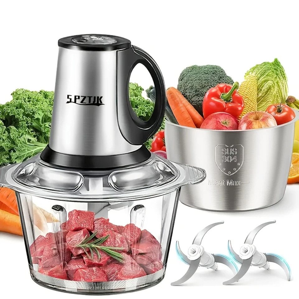 SPZTJK Zerkleinerer Elektrischer Fleisch‑Häcksler mit Glas‑ und Edelstahlschüssel, 300 W, 2 Sätze Klingen, Universal‑Küchenhelfer für Fleisch, Gemüse, Obst Bild 5