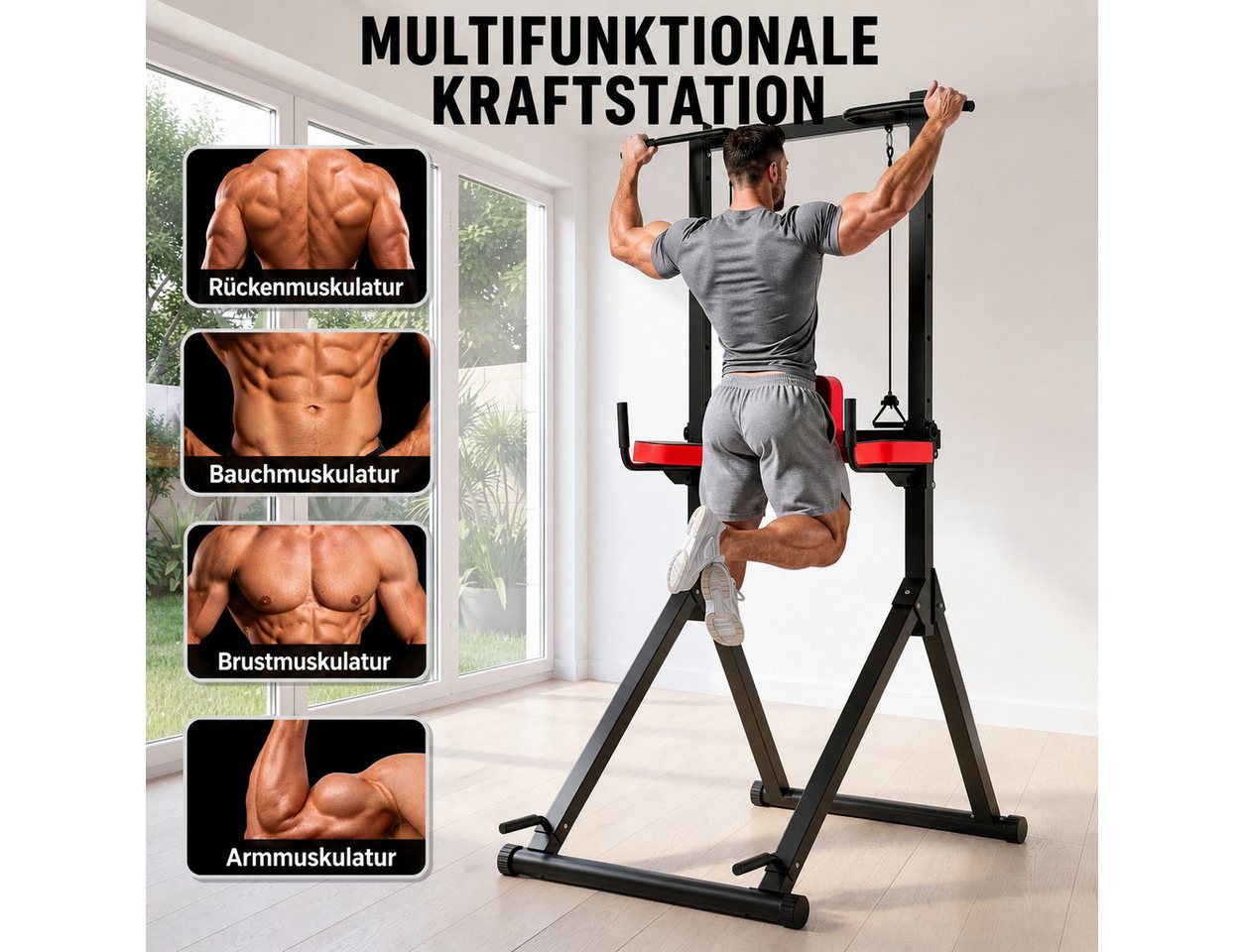 ZAISZE Kraftstation Power Tower Multifunktionale Kraftstationen für Zuhause, (Fitnessstation, Ergonomisch Kraftstation - mit Klimmzugstange, 9-fach Höhenverstellung, Dip-Station Klimmzugstange Freistehend), 163–243 cm, Elastikband, Klimmzugstange Freistehend für Home Gym Bild 2