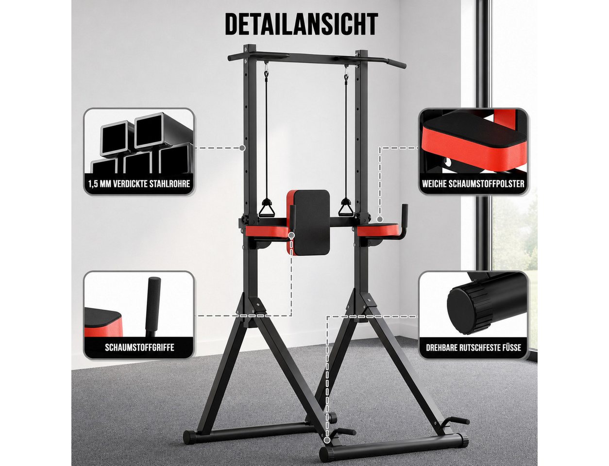 ZAISZE Kraftstation Power Tower Multifunktionale Kraftstationen für Zuhause, (Fitnessstation, Ergonomisch Kraftstation - mit Klimmzugstange, 9-fach Höhenverstellung, Dip-Station Klimmzugstange Freistehend), 163–243 cm, Elastikband, Klimmzugstange Freistehend für Home Gym Bild 4