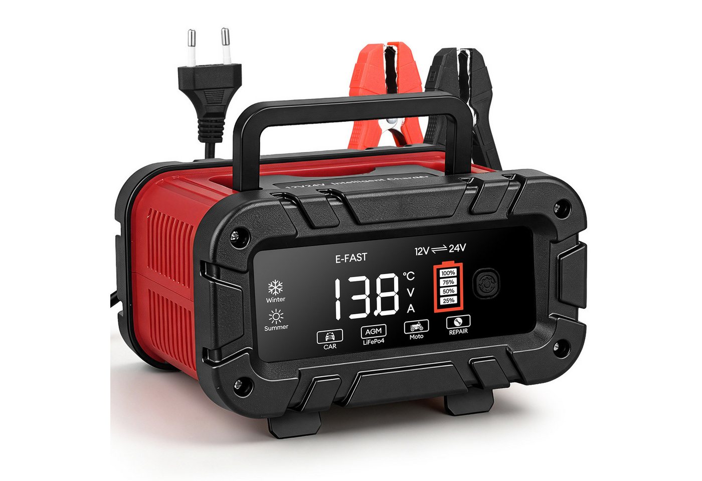 HS Onsing 15A, Intelligentes Batterieladegerät 12V/24V Autobatterie-Ladegerät (Farbdisplay,7-Stufige Ladung & Reparaturmodus, für Auto, Motorrad, LKW, Blei-Säure, AGM, Lithium LiFePO4)