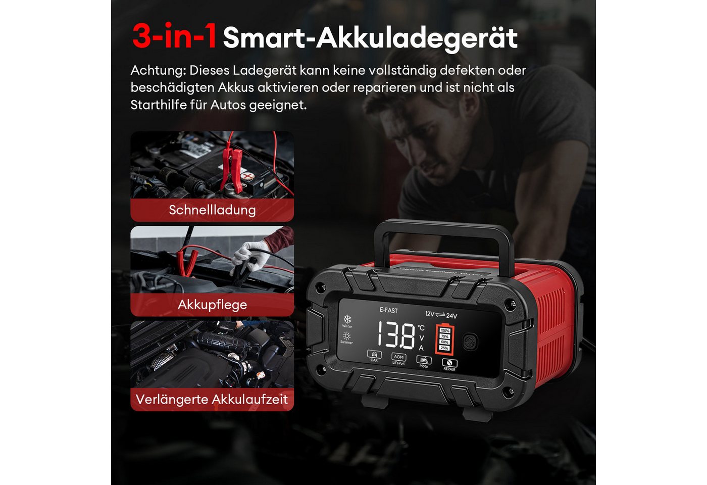 HS Onsing 15A, Intelligentes Batterieladegerät 12V/24V Autobatterie-Ladegerät (Farbdisplay,7-Stufige Ladung & Reparaturmodus, für Auto, Motorrad, LKW, Blei-Säure, AGM, Lithium LiFePO4) Bild 4