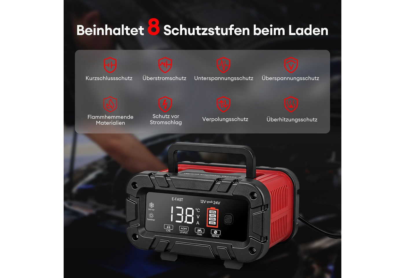 HS Onsing 15A, Intelligentes Batterieladegerät 12V/24V Autobatterie-Ladegerät (Farbdisplay,7-Stufige Ladung & Reparaturmodus, für Auto, Motorrad, LKW, Blei-Säure, AGM, Lithium LiFePO4) Bild 5