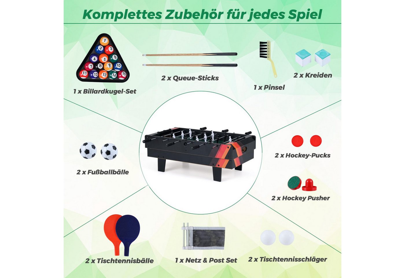 COSTWAY Mini-Tischkicker 4 in 1 Spieltisch, Tischkicker & Billard & Air Hockey & Tischtennis, Tischfußball für Spielzimmer, Bars